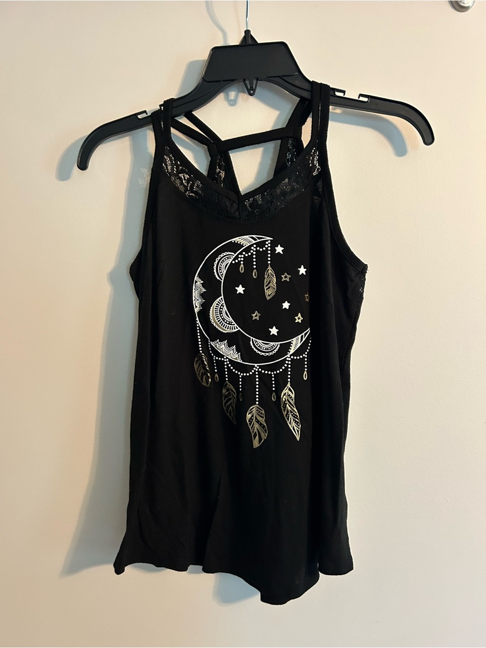 Black Moon & Feather Graphic Lace-Trim Tank Top